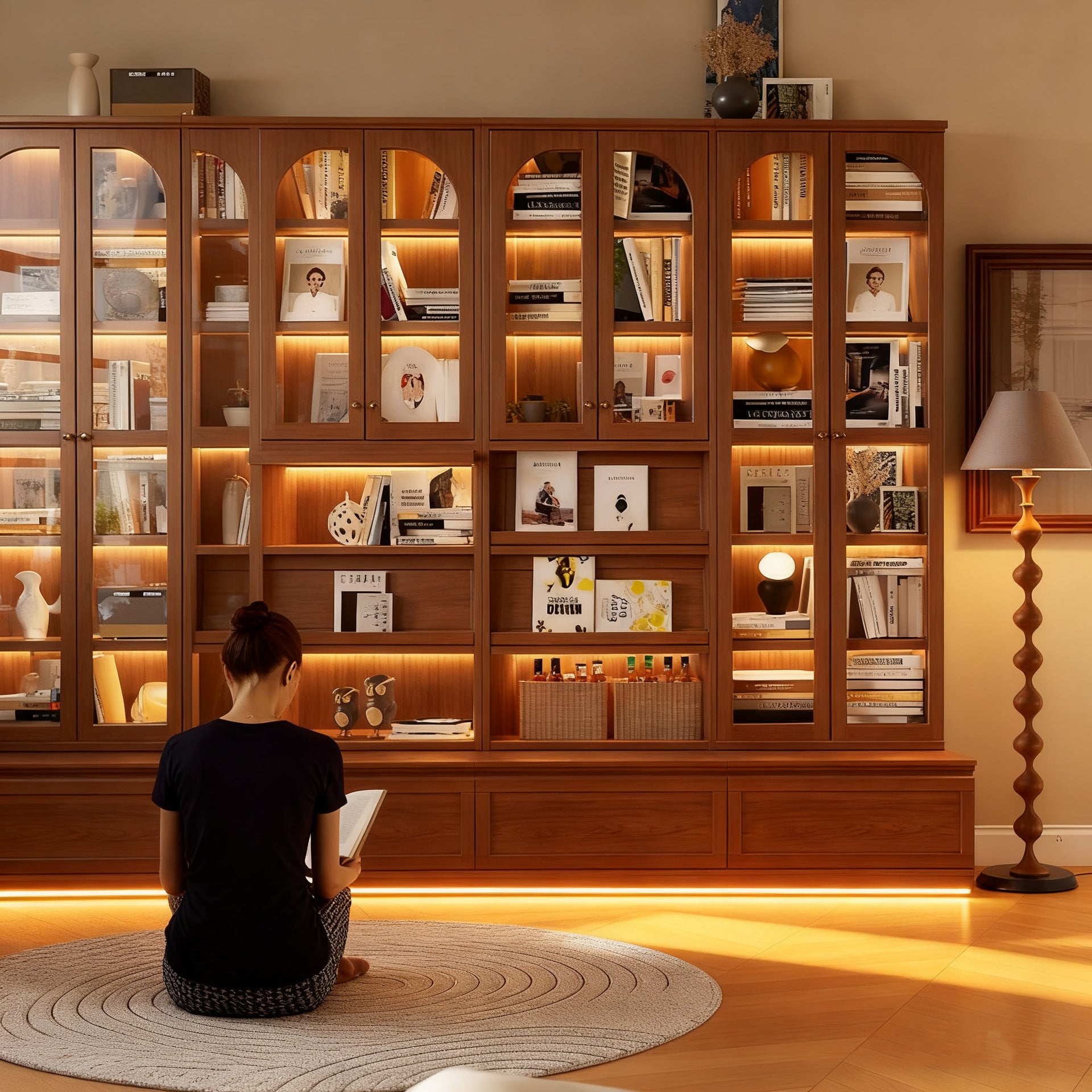 Custom Aluminum Alloy Bookshelf Walnut Color Living Room Combination Integrated Wall Floor Book Storage Display Organizer