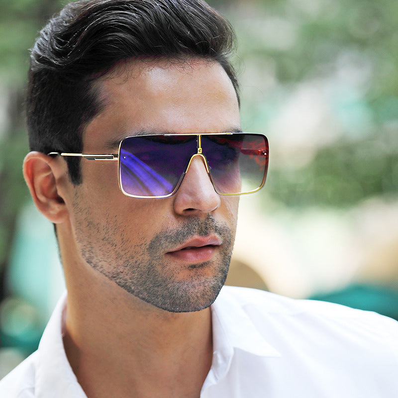 New Large Frame Sunglasses for Men Metal Frame One-piece Fashion Internet Celebrity Square Frame Glasses Trendy Sun Protection Driving Sunglasses
