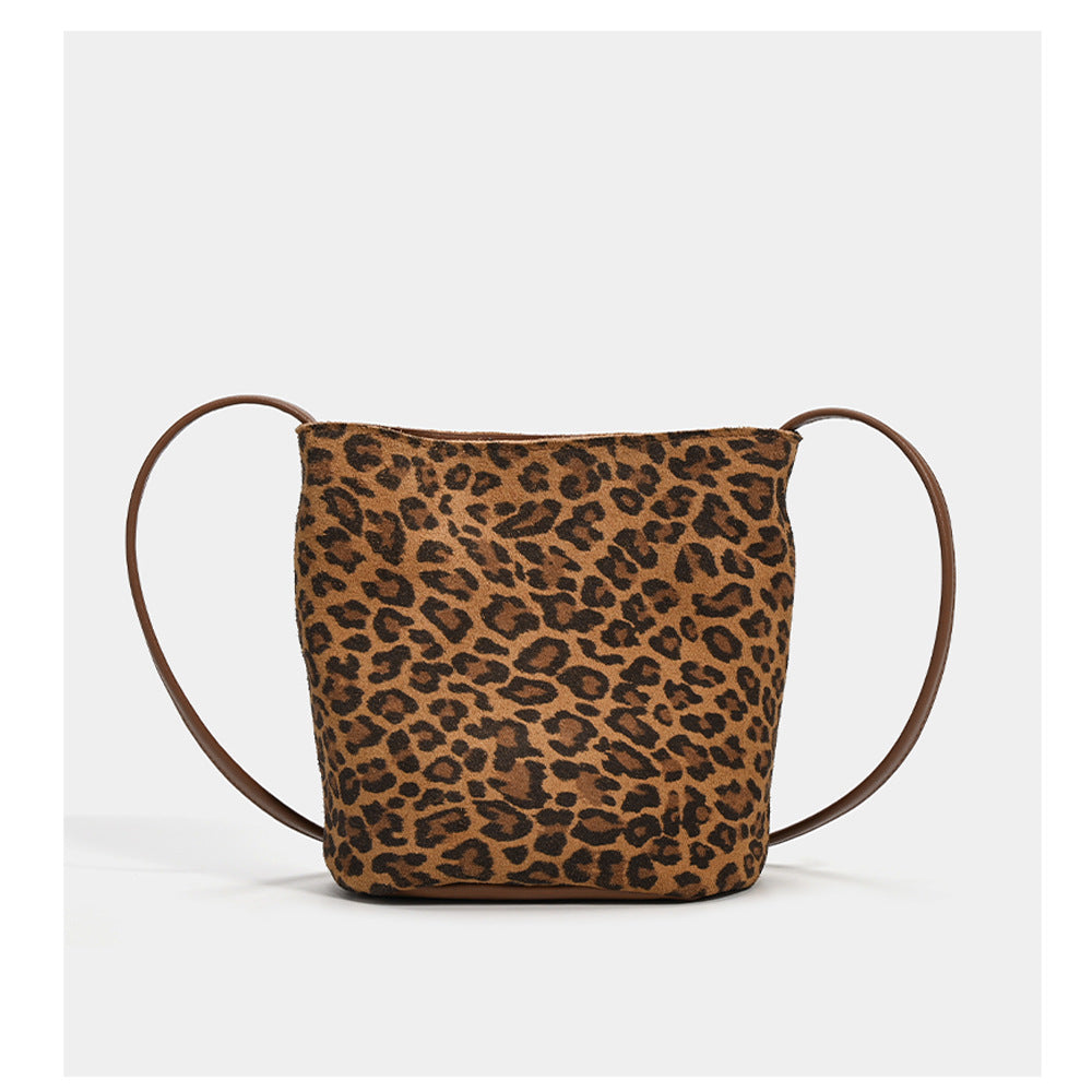 Leopard Print Genuine Leather Bucket Bag Niche Women's Bag Autumn Winter New Versatile High-end Soft Cowhide Single Shoulder Crossbody Bag