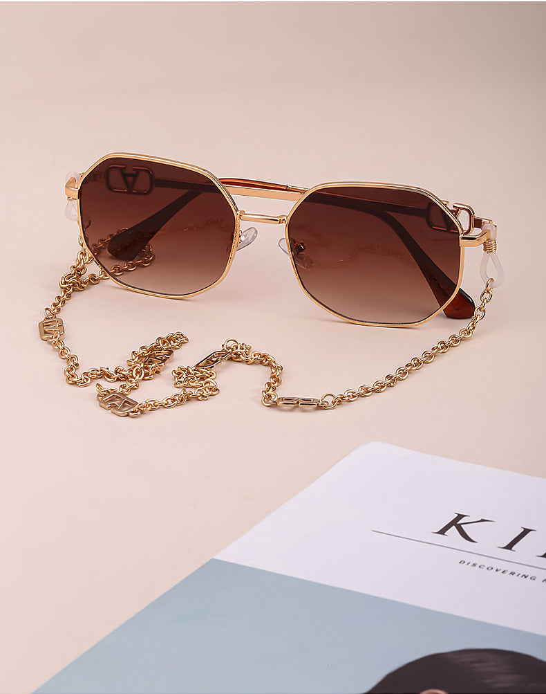 Chain Sunglasses for Women, Internet Celebrity Style, Anti-Drop Chain, Irregular Polygonal Full Frame Sunglasses for Women, Trendy