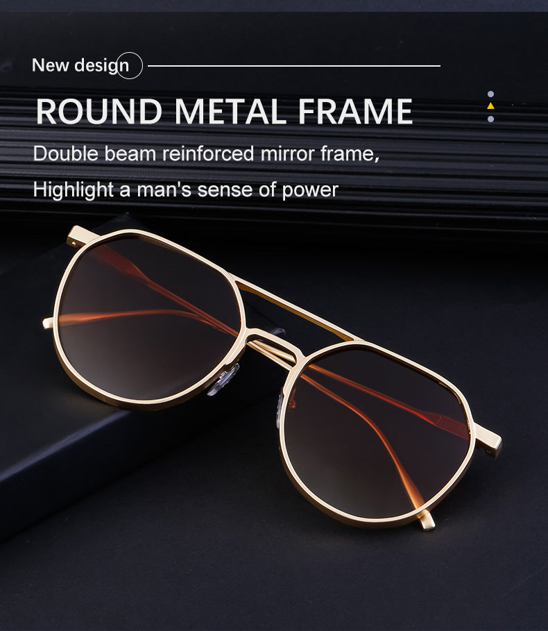 New Retro Oval Frame Glasses Metal Double Bridge Pilot Sunglasses Men's High-end Driving Sun Protection Sunglasses