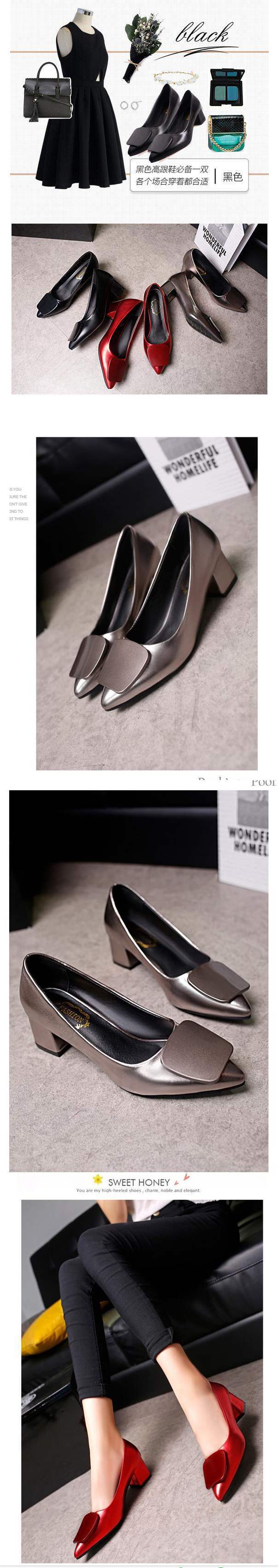Spring and Autumn New Style Small Leather Shoes Thick Heel Square Buckle Single Shoes High Heels Black Professional Shoes Mid Heel Work Shoes Women's Shoes