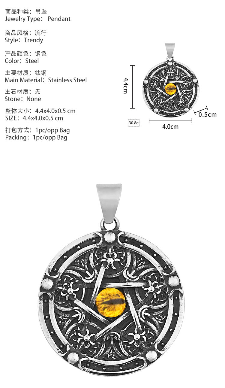 Vintage Stainless Steel Men's Pendant Personality Round Pentagram Demon Eye Titanium Steel Necklace Wholesale