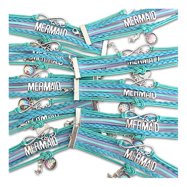 MERMAID Mermaid Multi-layer Braided Bracelet with Round Fish Scale Pendant for Women, Layered Mermaid Braided Bracelet