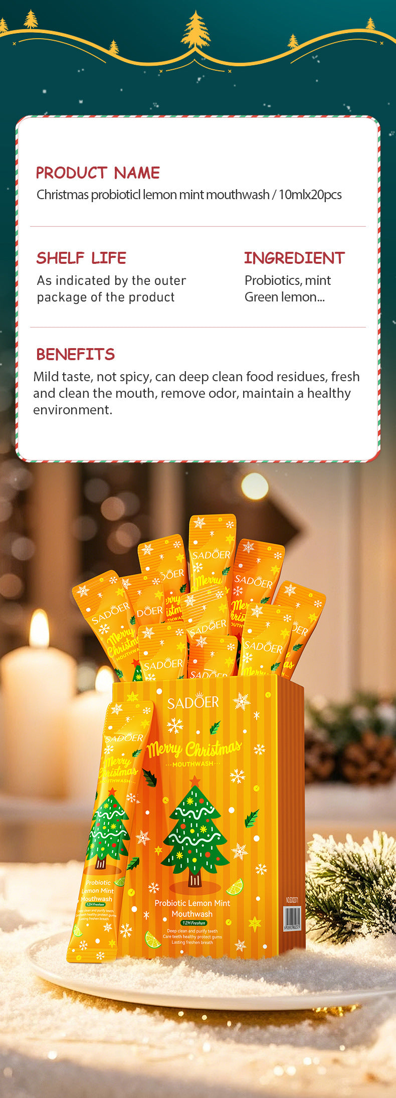 Cross-border Christmas Probiotic Mouthwash Strips10ml  SADOER Green Lemon Mint Export Manufacturer Wholesale