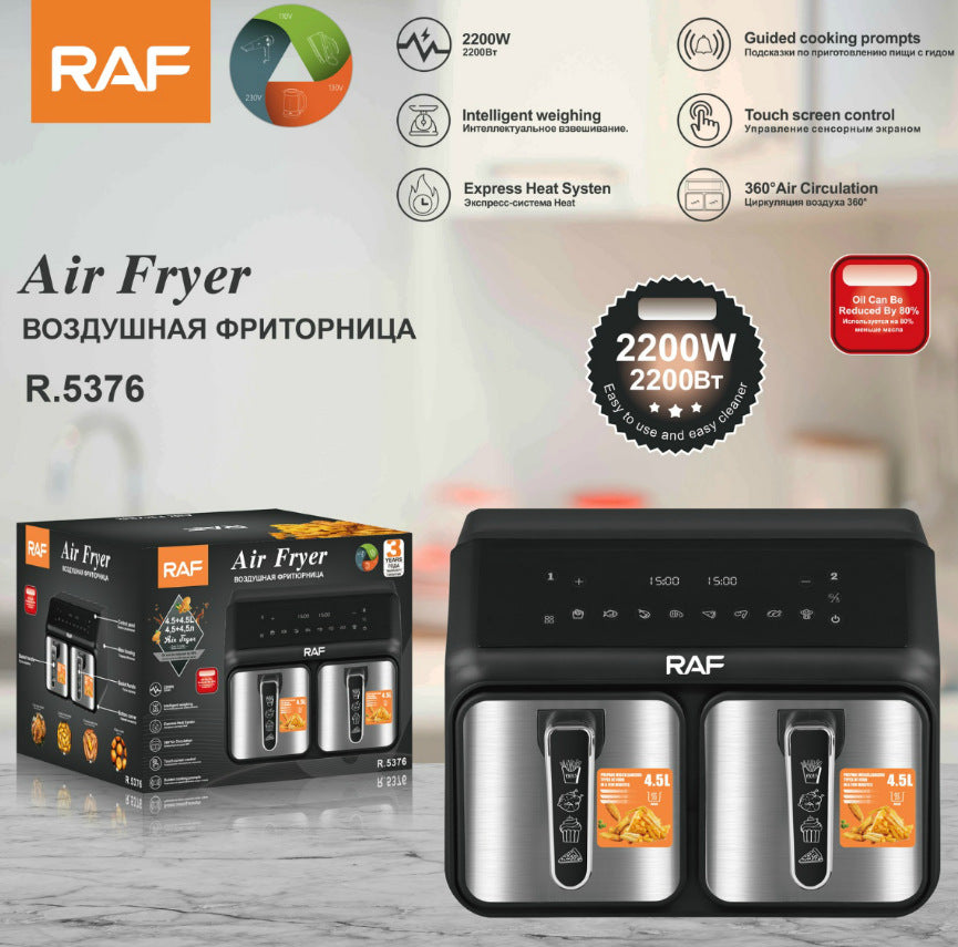 RAF European Standard Dual Compartment Large Capacity Multifunctional Dual Pot Dual Basket Air Fryer Smart Touchscreen Oil-Free