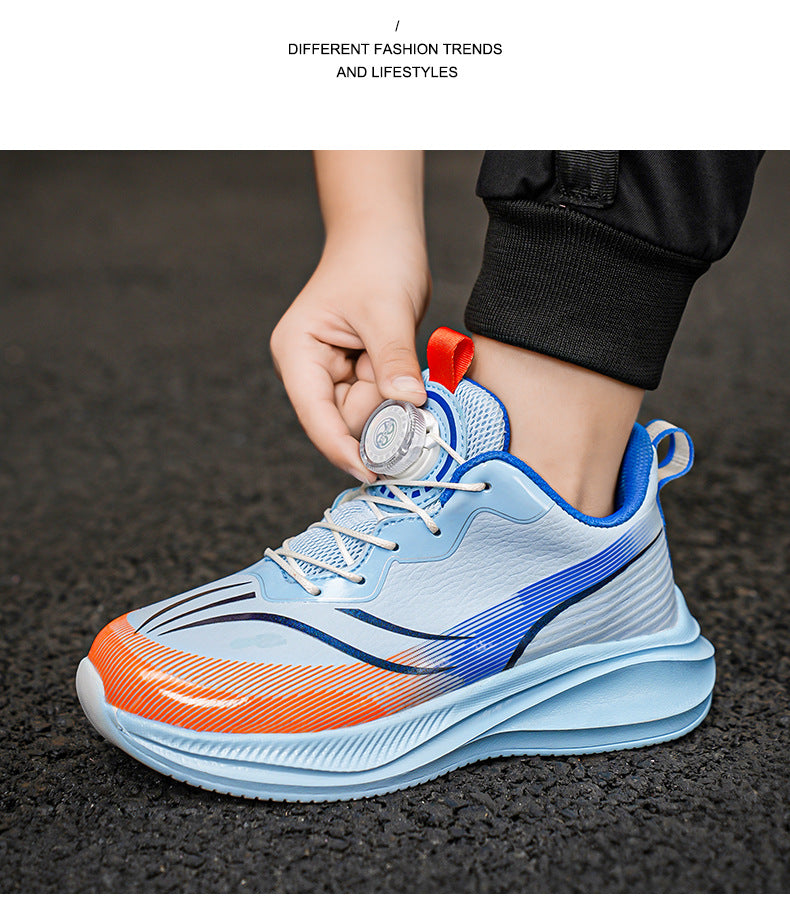 Red Rabbit Rotating Button Children's Shoes Leather Surface Waterproof Middle and Large Children Student Running Shoes Shock Absorption Lightweight Sports Shoes Comfortable