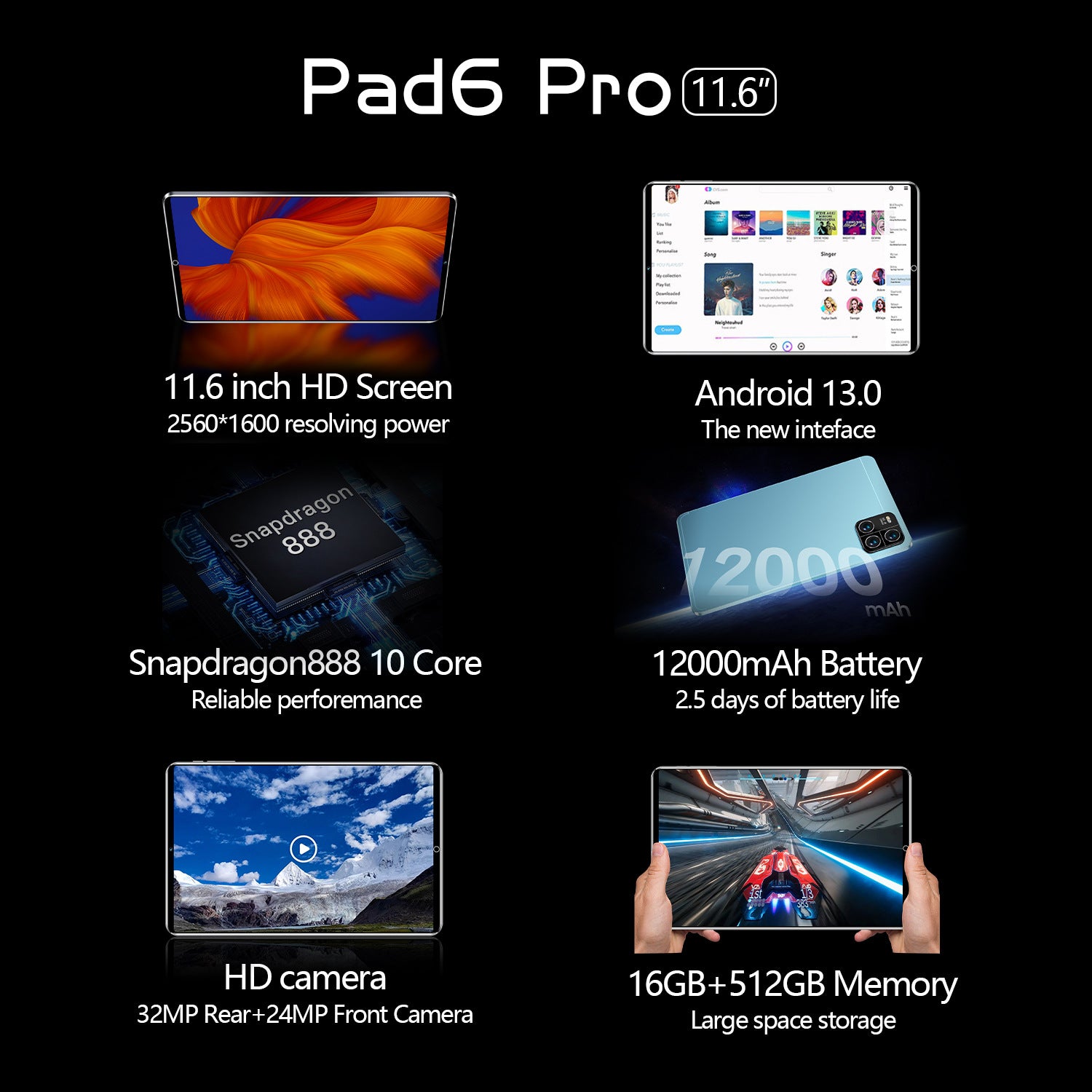 In stock hot sale Pad6Pro Android Tablet16+512G Large Screen Eye Protection Computer Manufacturer Wholesale