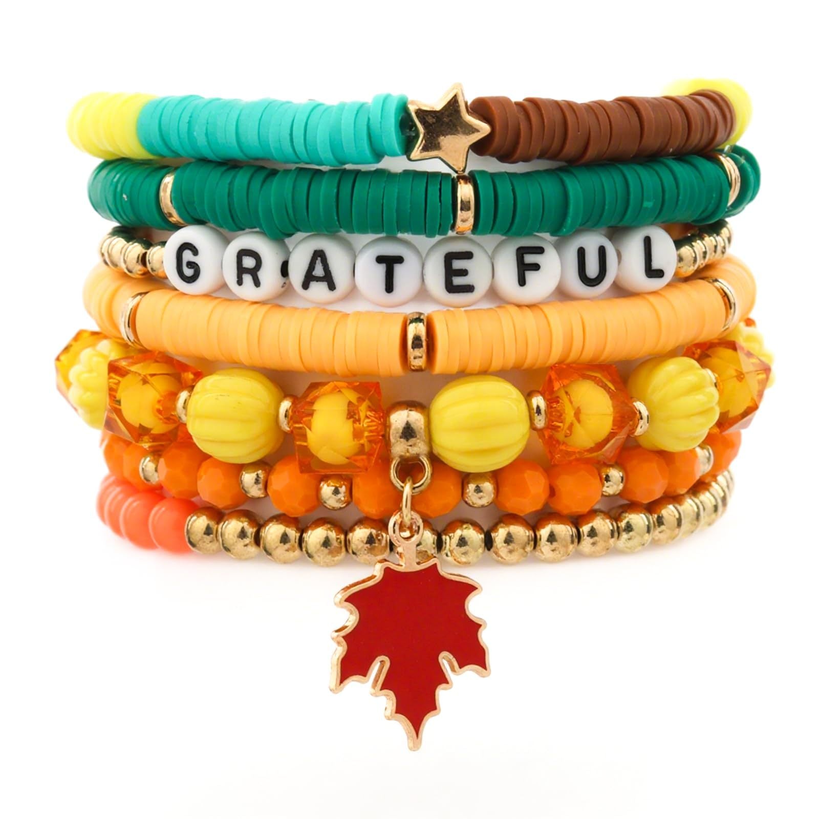 Alphabet Soft Clay Bracelet Set THANKS Bevel Cut Bead Harvest Pumpkin Pendant Bracelet Maple Leaf Thanksgiving Bracelet