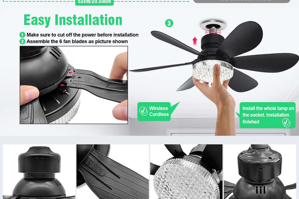 40W Crystal Fan Light Ceiling Fan Light Flower-Shaped Fan Light Living Room Ceiling Fan Light Simple Detachable Fan Blade Light Colorful