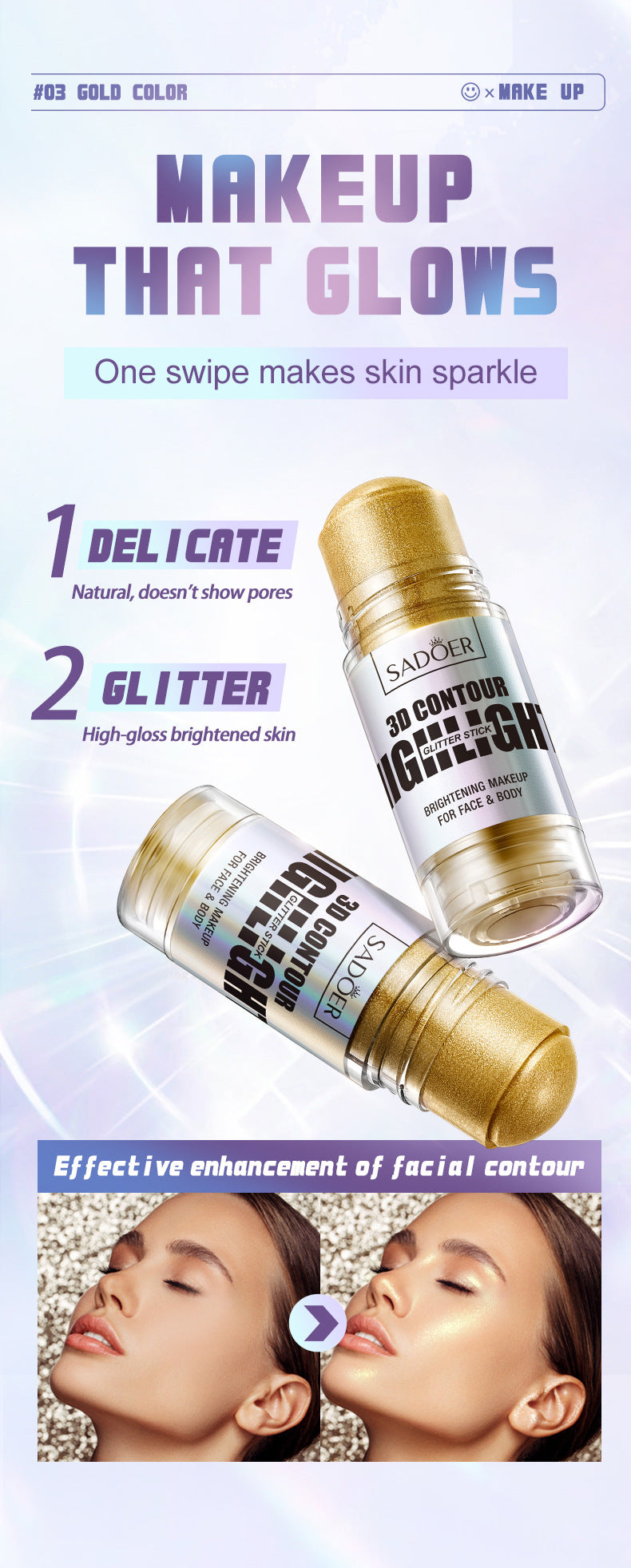 Bright Colors3D Highlighter SADOER Contouring and Shaping Makeup Highlight Stick Cross-Border Wholesale