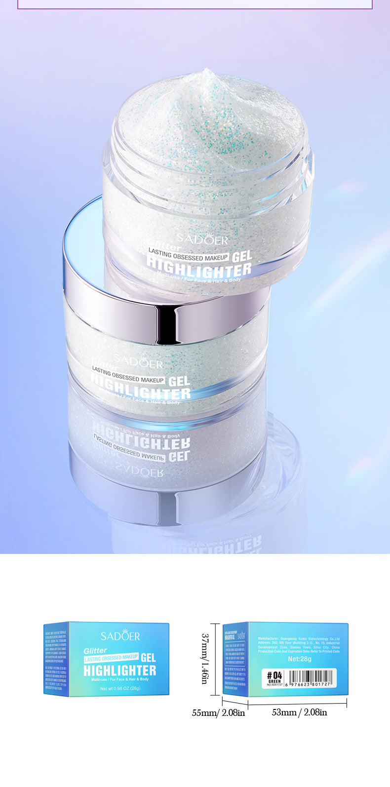 Colorful Highlight Gel SADOER Increase Facial Highlight Makeup Gel Cross-Border Wholesale