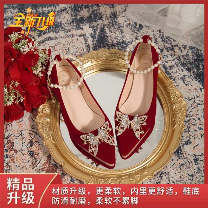 Pointed Elegant Burgundy High Heels2025New Year's New Socialite Bowknot Comfortable Bride Shoes Two-Way Wedding Shoes