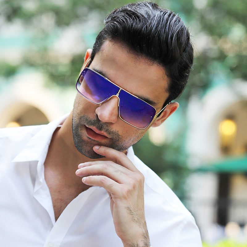 New Large Frame Sunglasses for Men Metal Frame One-piece Fashion Internet Celebrity Square Frame Glasses Trendy Sun Protection Driving Sunglasses