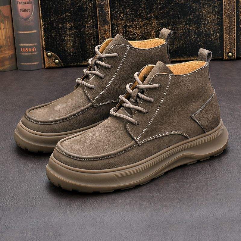 Men's Shoes New Retro Leather Shoes Warm Casual Men's Fleece-Lined Height-Increasing Leather Boots Trendy Martin Boots