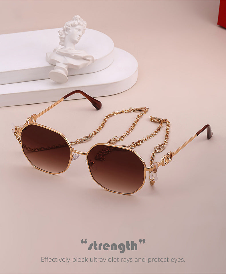 Chain Sunglasses for Women, Internet Celebrity Style, Anti-Drop Chain, Irregular Polygonal Full Frame Sunglasses for Women, Trendy