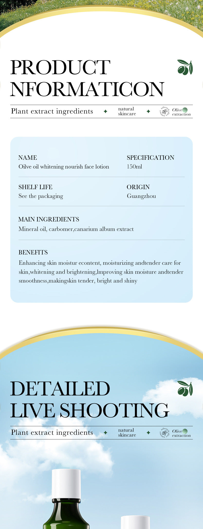 Cross-border Lotion150ml Olive Oil Nourishing Lotion Skin Brightening and Rejuvenating Lotion Wholesale from Foreign Trade Manufacturer