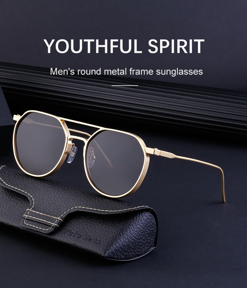 New Retro Oval Frame Glasses Metal Double Bridge Pilot Sunglasses Men's High-end Driving Sun Protection Sunglasses