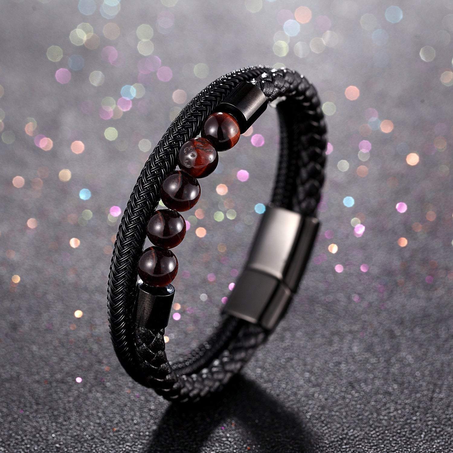 Men's Leather Bracelet Double Layer Bracelet Women's Stainless Steel Magnetic Buckle Bracelet Tiger Eye Stone Leather Bracelet