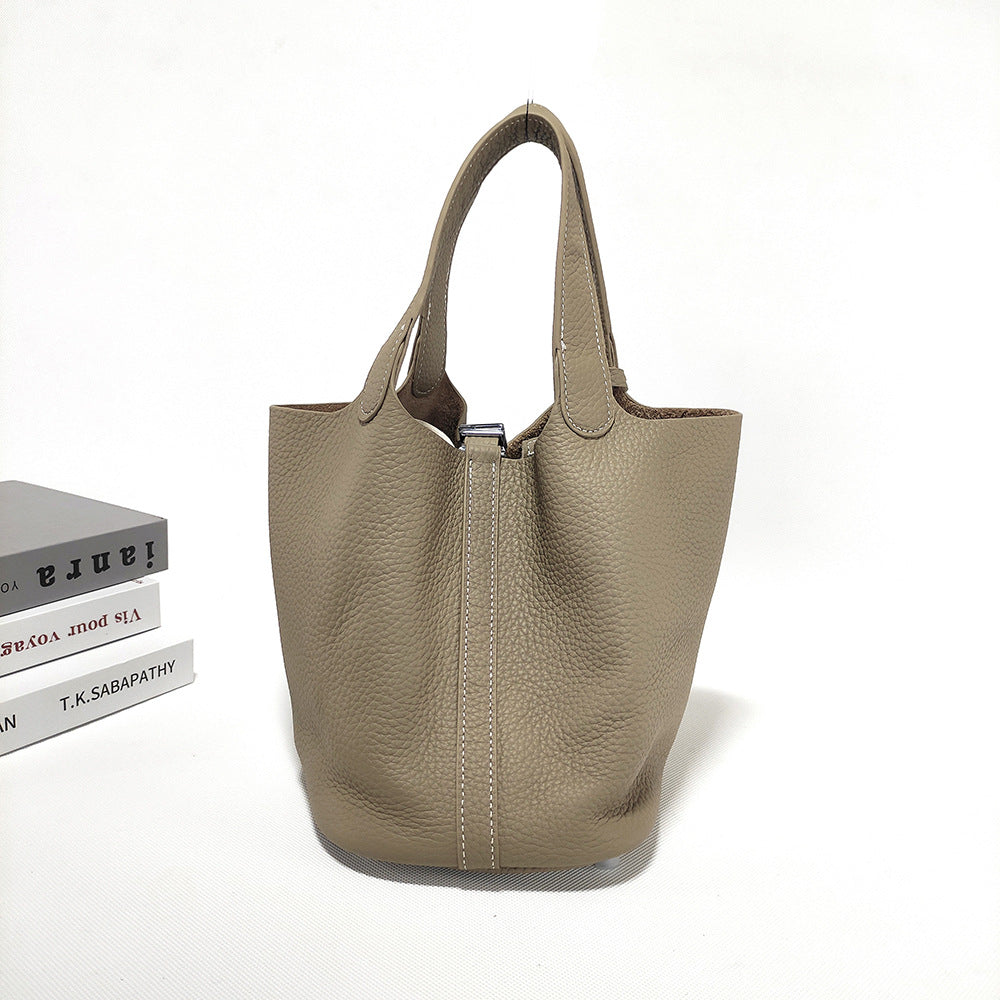 Women's Basket Bag2025New High-End First Layer Cowhide Bucket Bag Casual Handheld Women's Tote Bag Trendy