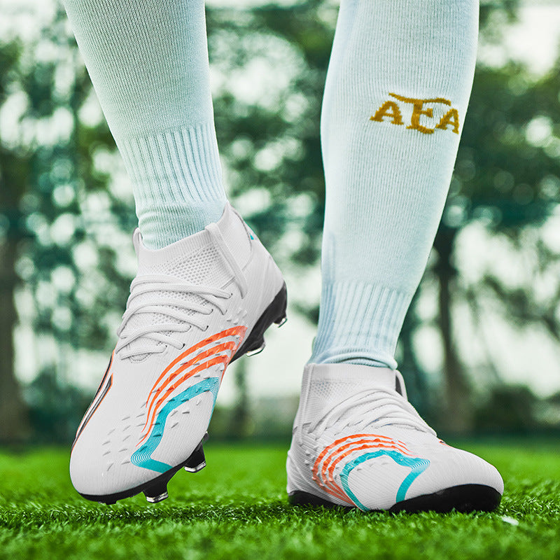 High-top Unisex Youth Soccer Shoes with Broken and Long Spikes for Grass Field Competition Training Student Sports Shoes