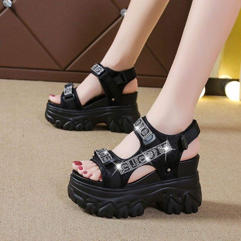 Women's Hidden Heel Sports Peep Toe Wedge Thick Sole Sandals2025Summer new style white rhinestone Velcro Roman shoes