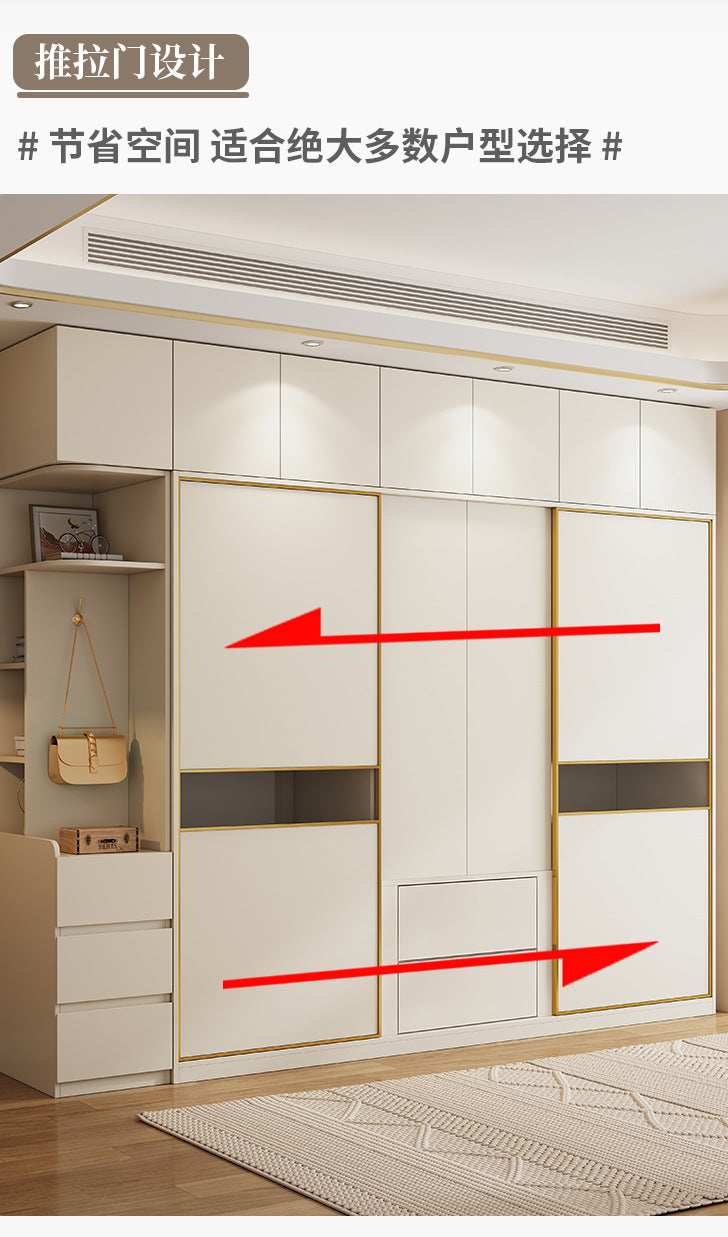 Cream Style Solid Wood Sliding Door Wardrobe for Home Bedroom with Hanging Area, Multiple Storage Cabinets, and Segmented Large Wardrobe