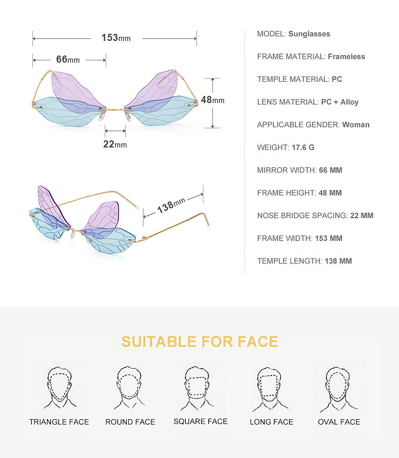 Dragonfly Sunglasses for Women, Stylish Wing Design, Fashionable Double Lens Party Dance Frameless Sunglasses