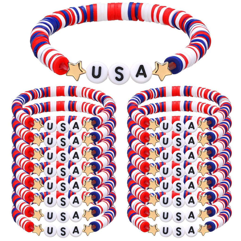 Independence Day Soft Clay Bracelet Set Flag Mixed Color Elastic Beads USA Alphabet Soft Clay Bracelet