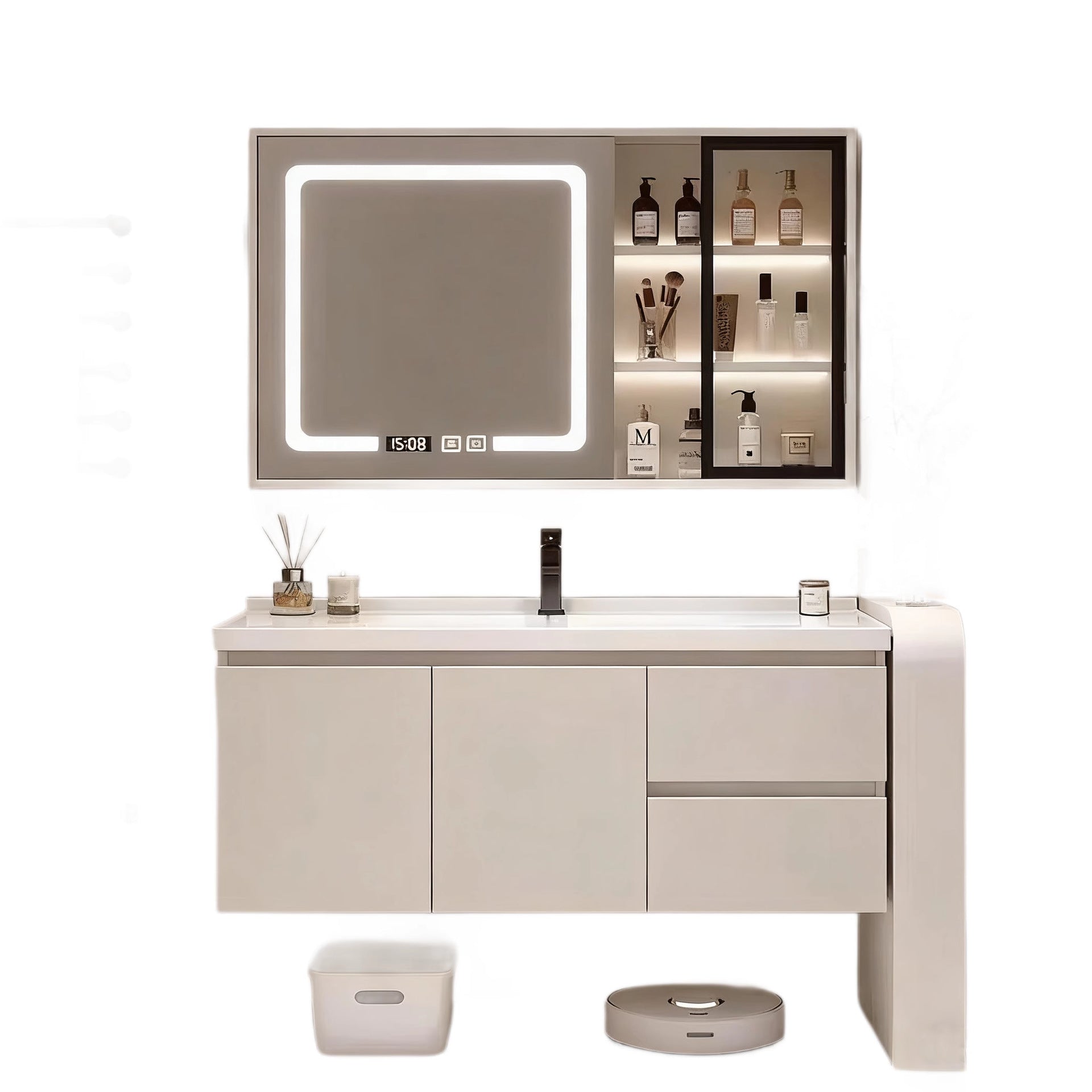 Aluminum Alloy Bathroom Cabinet Set Washroom Sink Basin Cabinet Washstand Ceramic Integrated Basin Smart Mirror Cabinet