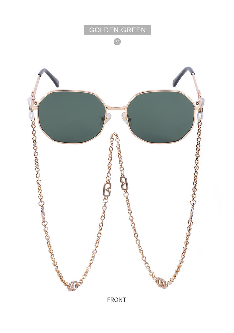 Chain Sunglasses for Women, Internet Celebrity Style, Anti-Drop Chain, Irregular Polygonal Full Frame Sunglasses for Women, Trendy