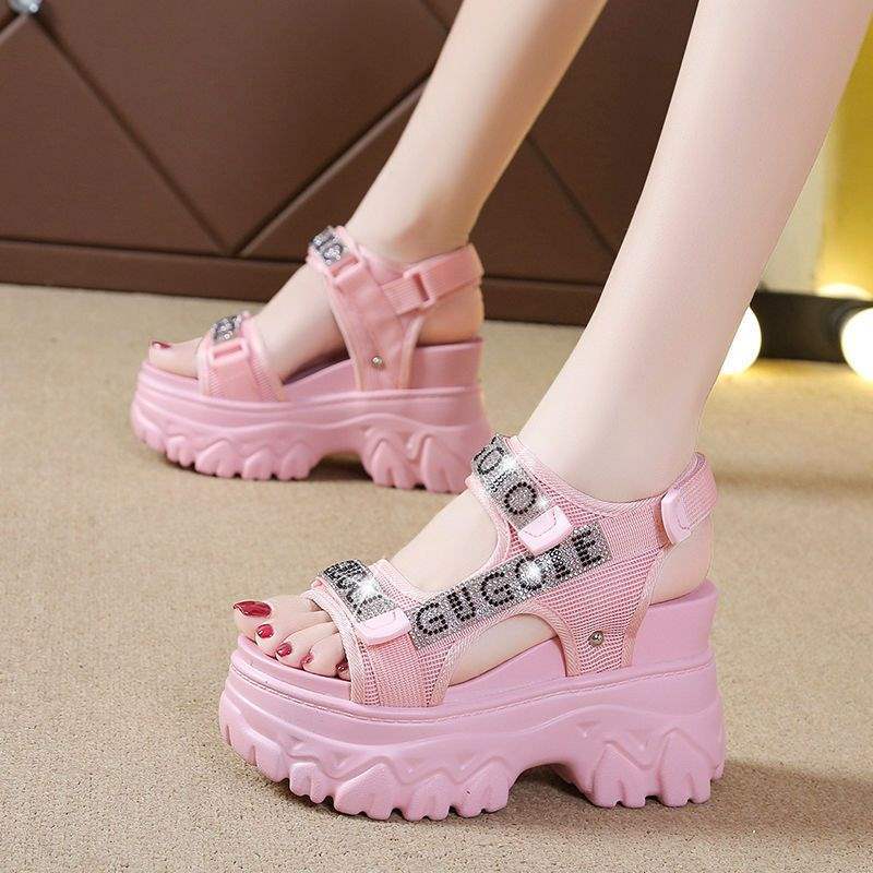 Women's Hidden Heel Sports Peep Toe Wedge Thick Sole Sandals2025Summer new style white rhinestone Velcro Roman shoes