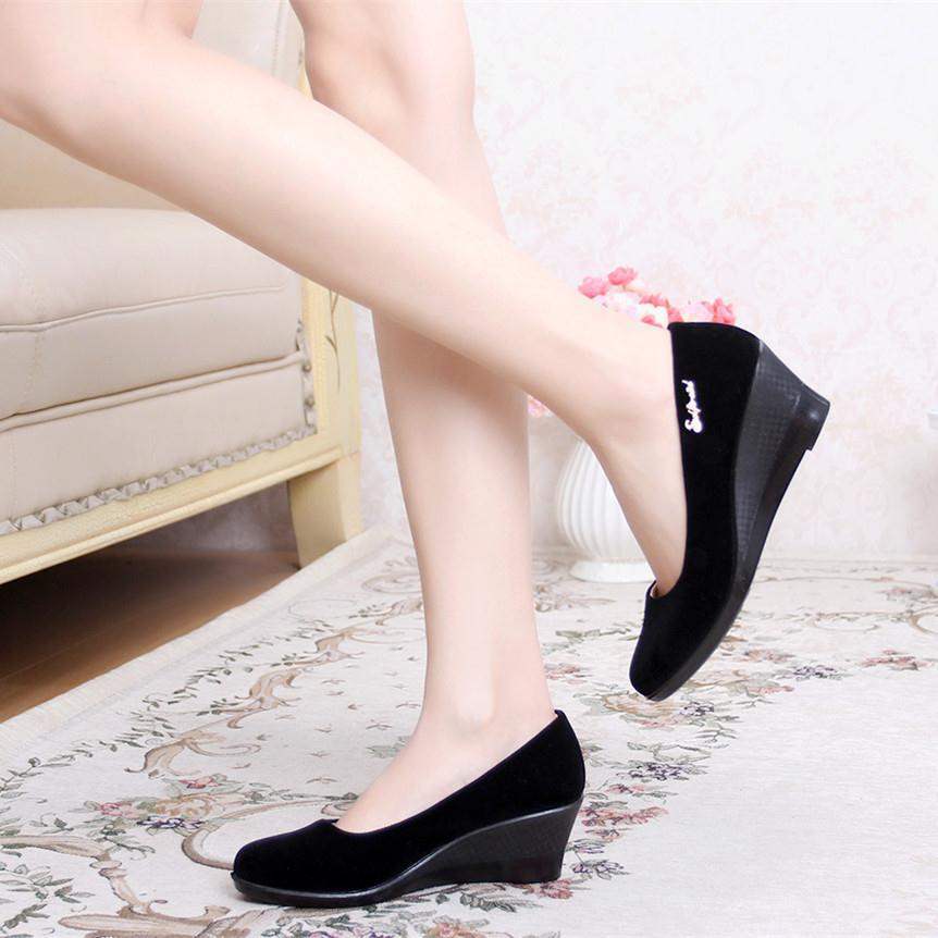 Spring and Autumn Old North Cloth Shoes Women's Shoes Single Shoes Wedge Flat Hotel Workwear High Heel Black Work Shoes Dance Shoes Women