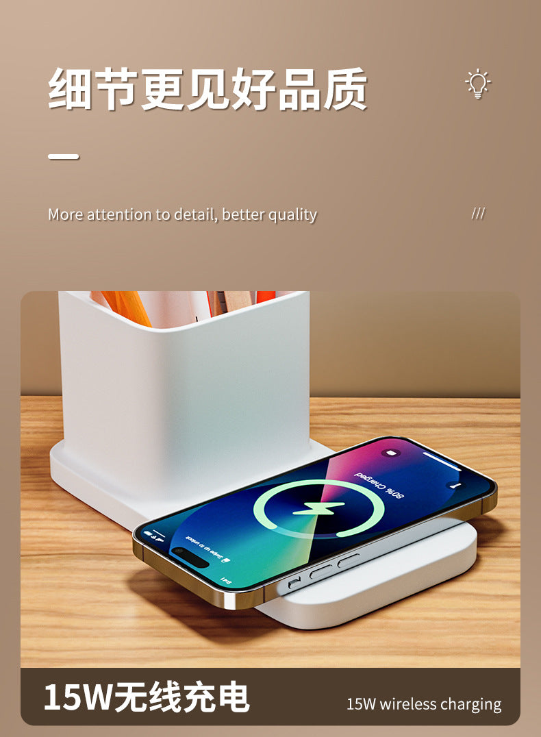 Desk Lamp for Study, Wireless Charging, Eye Protection Bedside Lamp, Reading Desk Lamp, Children's Homework Lamp, Charging Pen Holder Lamp