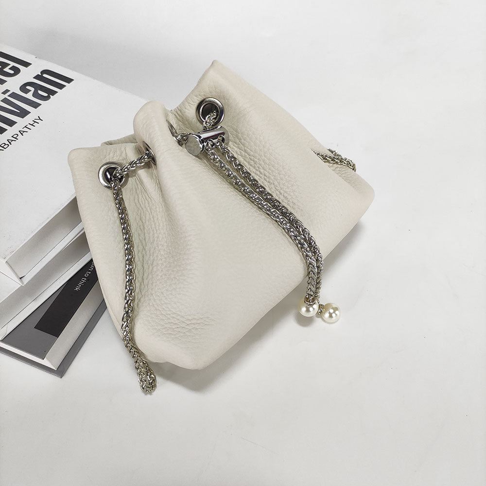 Niche Genuine Leather Bucket Bag for Women2024New Mini Small Bag Top Layer Cowhide Autumn Chain Shoulder Crossbody Bag