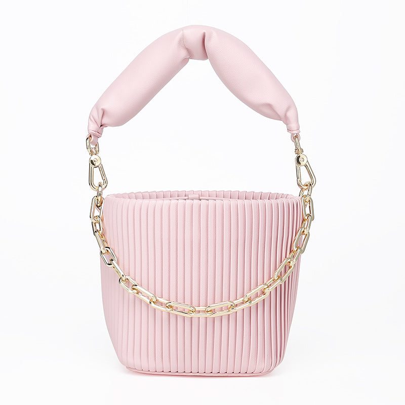 Unique Korean Design Pleated Bucket Bag for Women with Chain Handle, Versatile Fashionable Single Shoulder Crossbody Bag for Ladies
