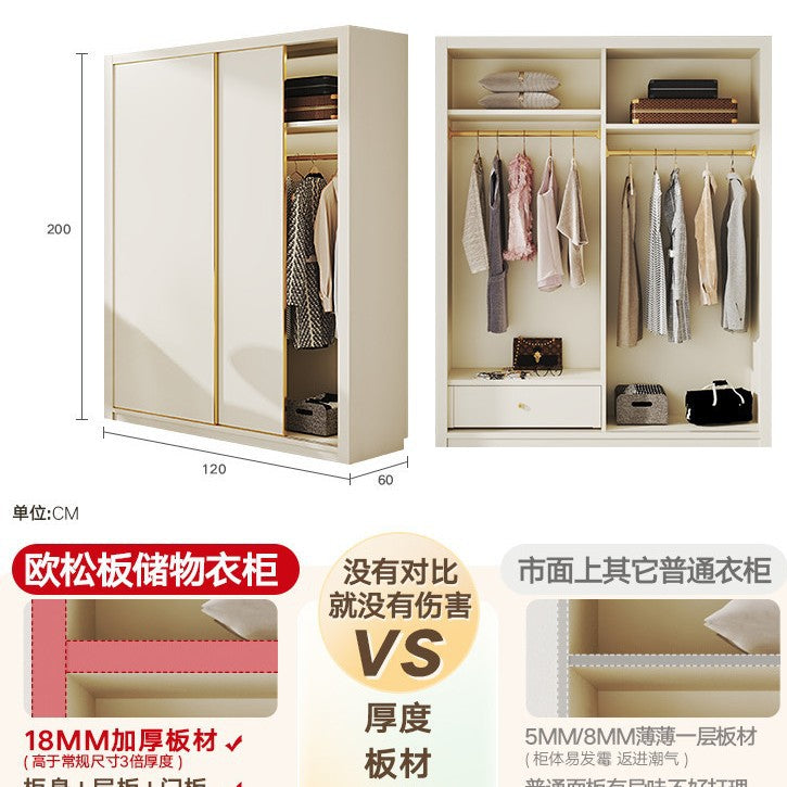 E0European Pine Board Warm White Sliding Door Wardrobe Desk Integrated Set Cream Style Bedroom Home Solid Wood Large Wardrobe