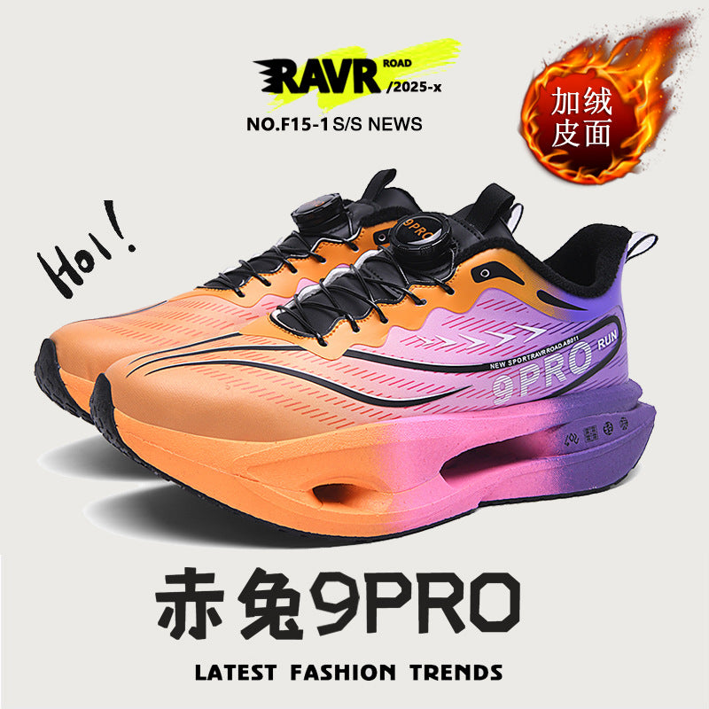 Winter New Leather Surface Fleece-Lined Warm Knob Buckle Sports Shoes Parent-Child Real Carbon Plate Soft Sole Rebound Cushioning Running Shoes