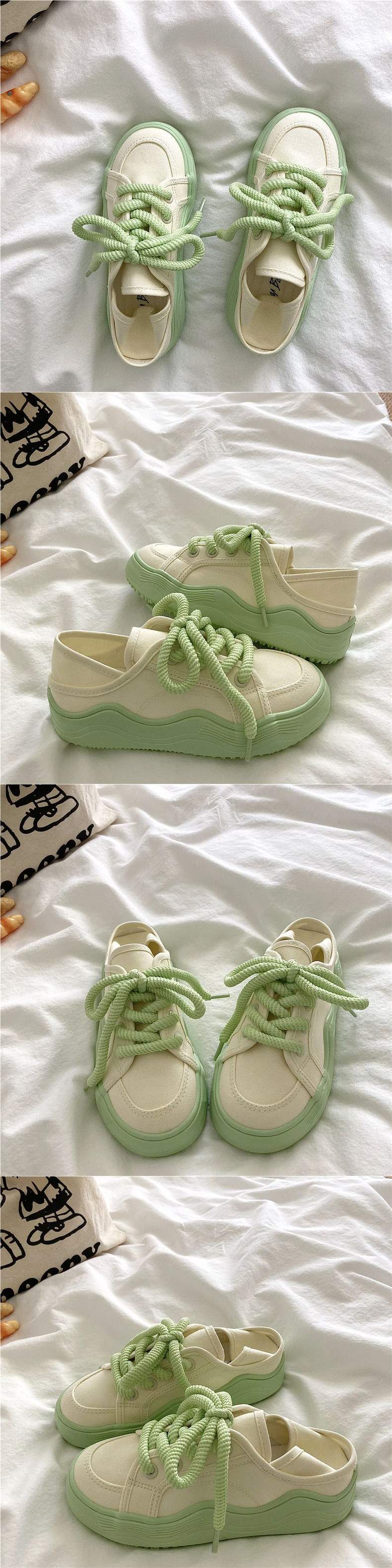 Honeydew Green~!Niche chic Korean Style Two-Way Canvas Shoes for Women, Summer Breathable Thin Versatile Thick-Soled White Shoes