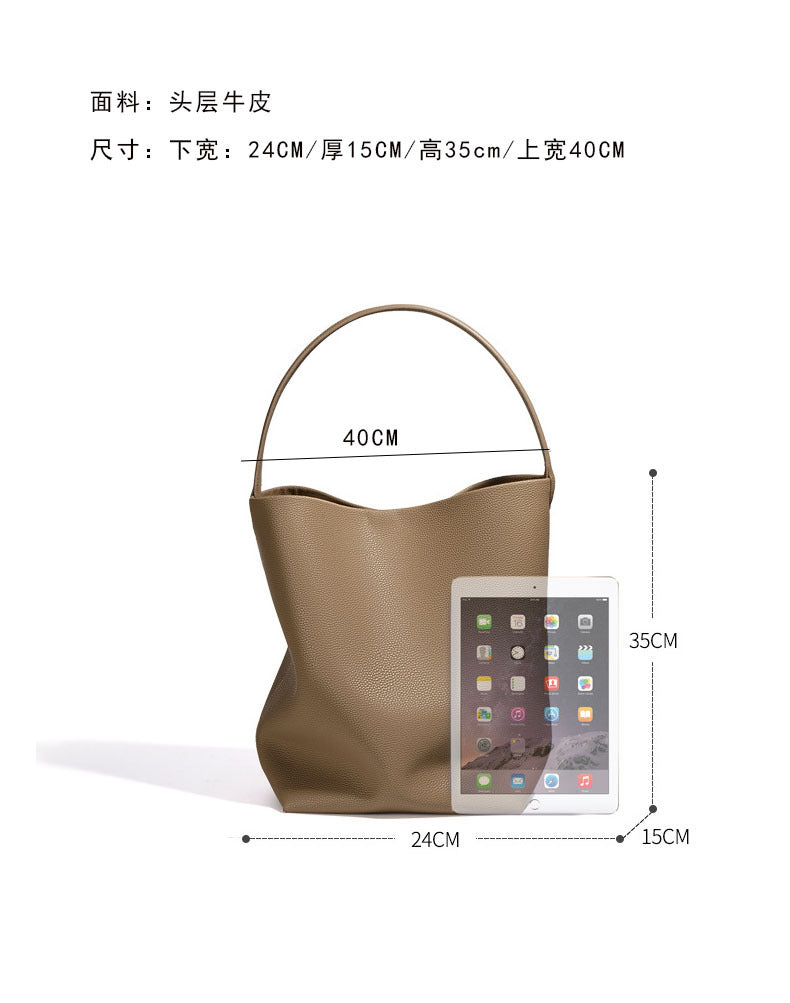 Women's Genuine Leather Underarm Bag, Large Capacity Single Shoulder Tote Bag, Top Layer Cowhide Commuter High-End Bucket Bag