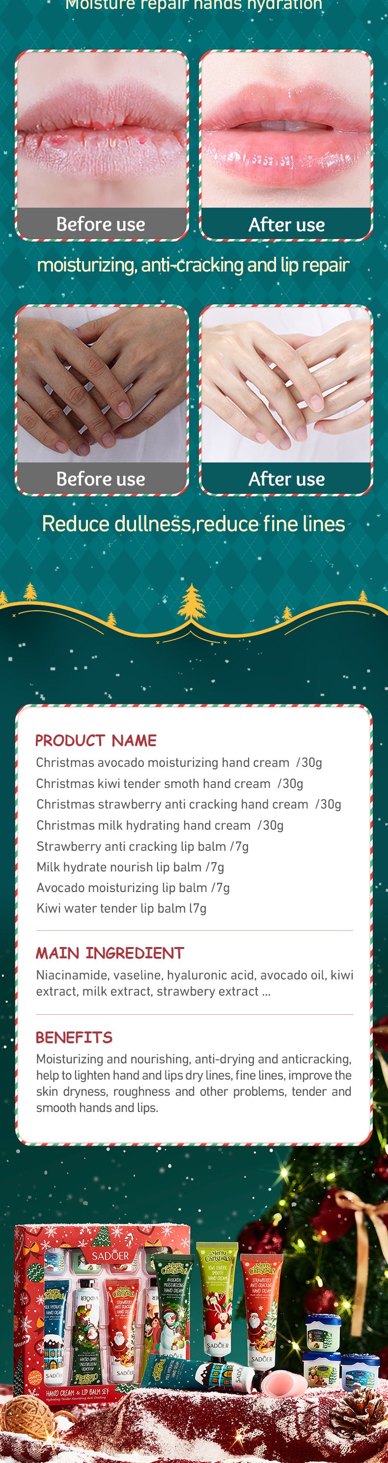 Full English Christmas Hand Cream Lip Balm Combo Set SADOER Anti-chapping Moisturizing  Wholesale