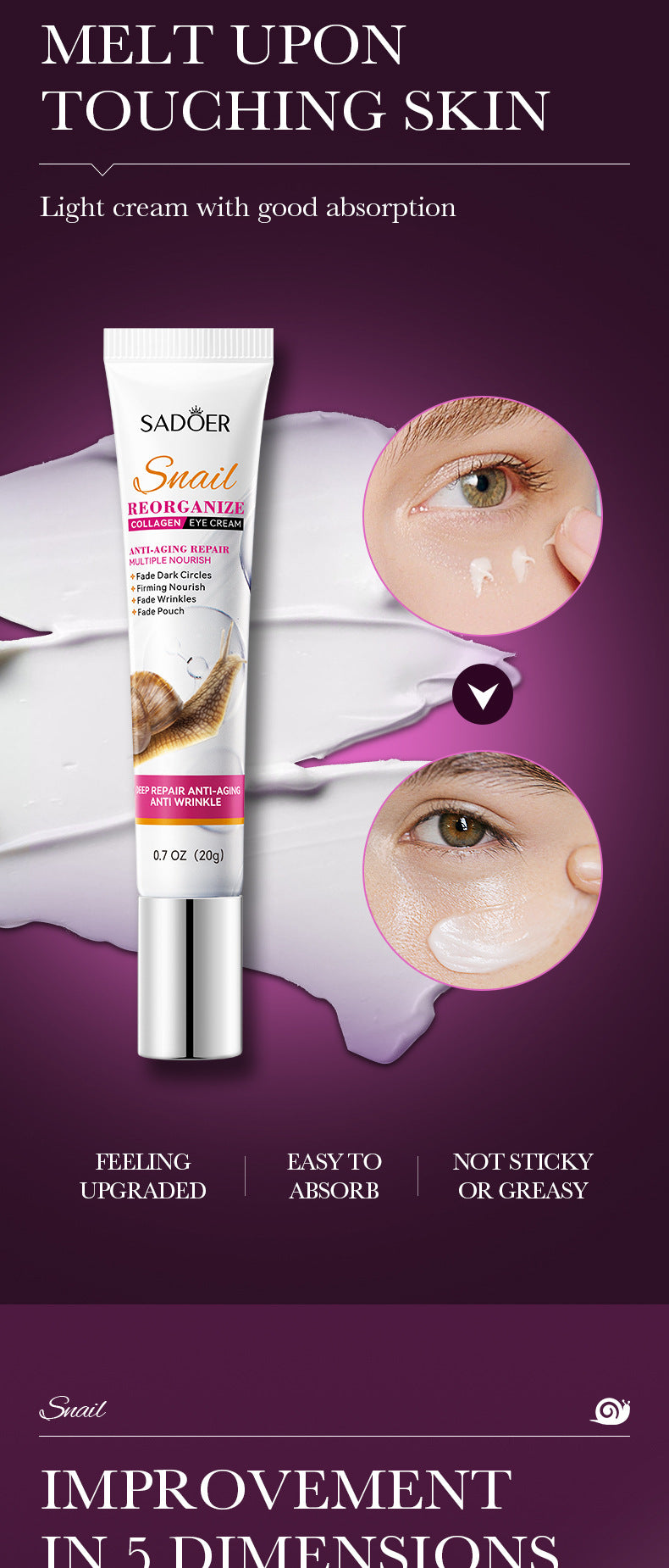 蜗牛眼霜20克 SADOER 胶原蛋白 改善黑眼圈和皱纹 跨境批发