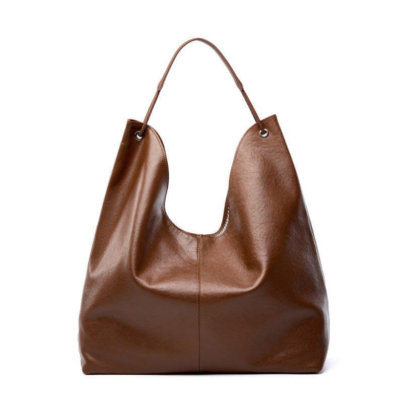 New Vegetable-Tanned Leather Trendy Large-Capacity Textured Tote Bag Versatile Shoulder Bag for Class and Commuting