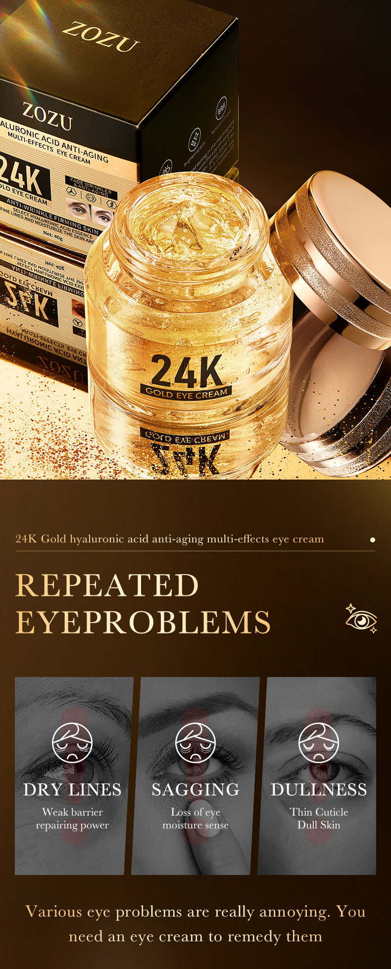 24K Gold Eye Cream ZOZU Hyaluronic Acid Improves Dark Circles and Eye Wrinkles  Wholesale