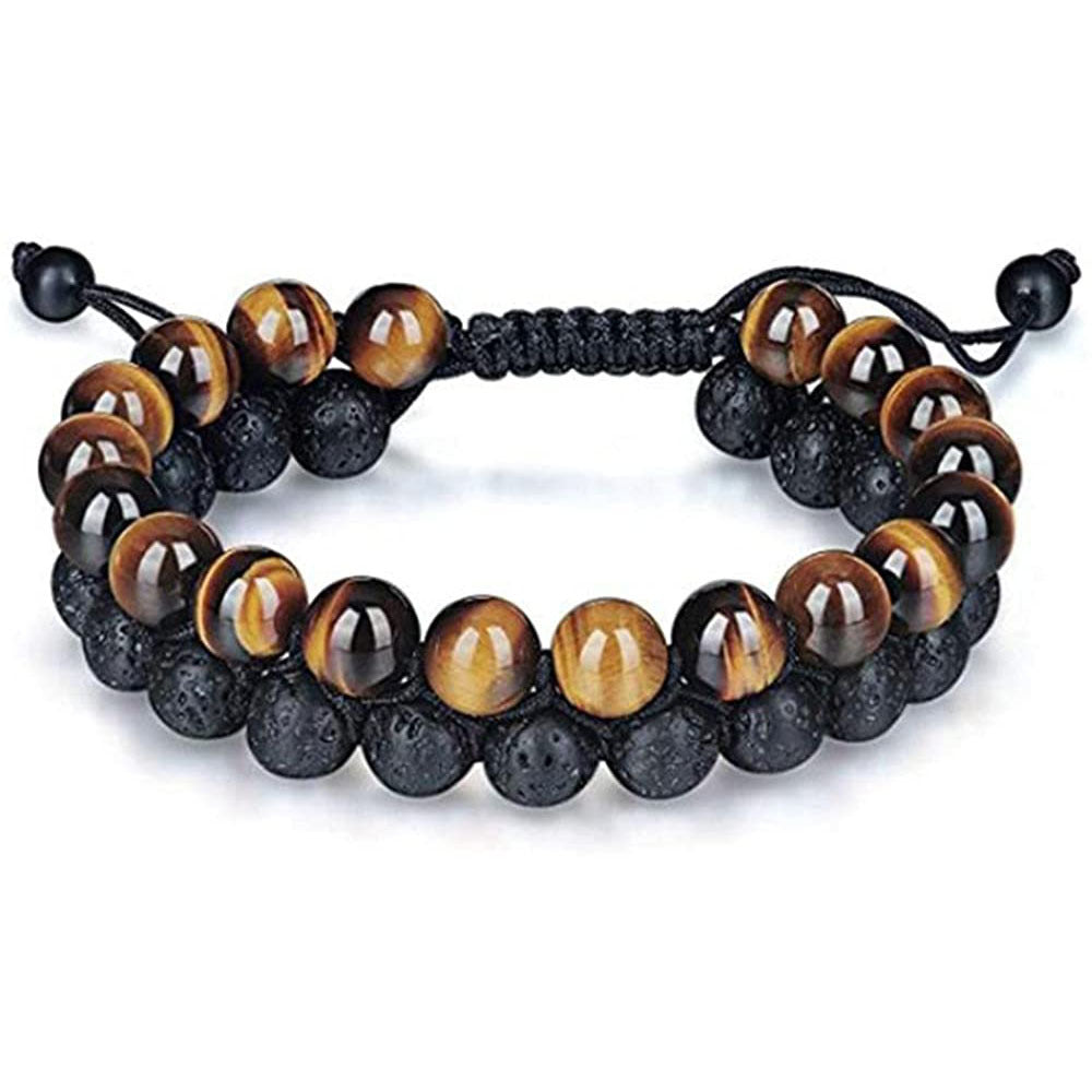 White Pine Matte Double Layer Bracelet Adjustable Handmade Woven Tiger Eye Bracelet Men's Volcanic Stone Double Row Woven Bracelet