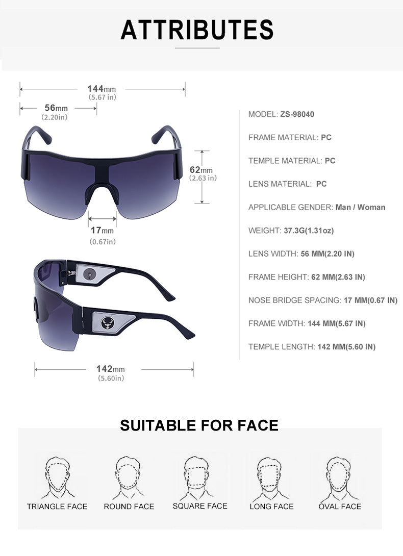 Y2K Millennium Integrated Cycling Sports Sunglasses for Women, European and American Style, Large Frame, Windproof, Half Frame Sunglasses