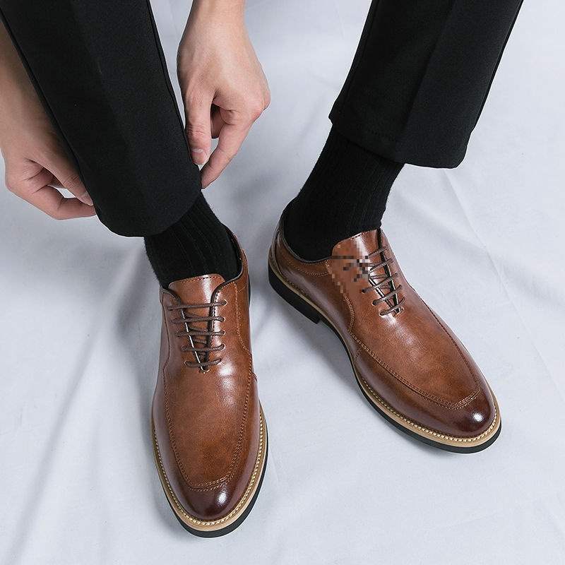 Men's Leather Shoes New Business Formal Casual British Style Breathable Brown Korean Trend Height Increasing Pointed Toe Groom Wedding