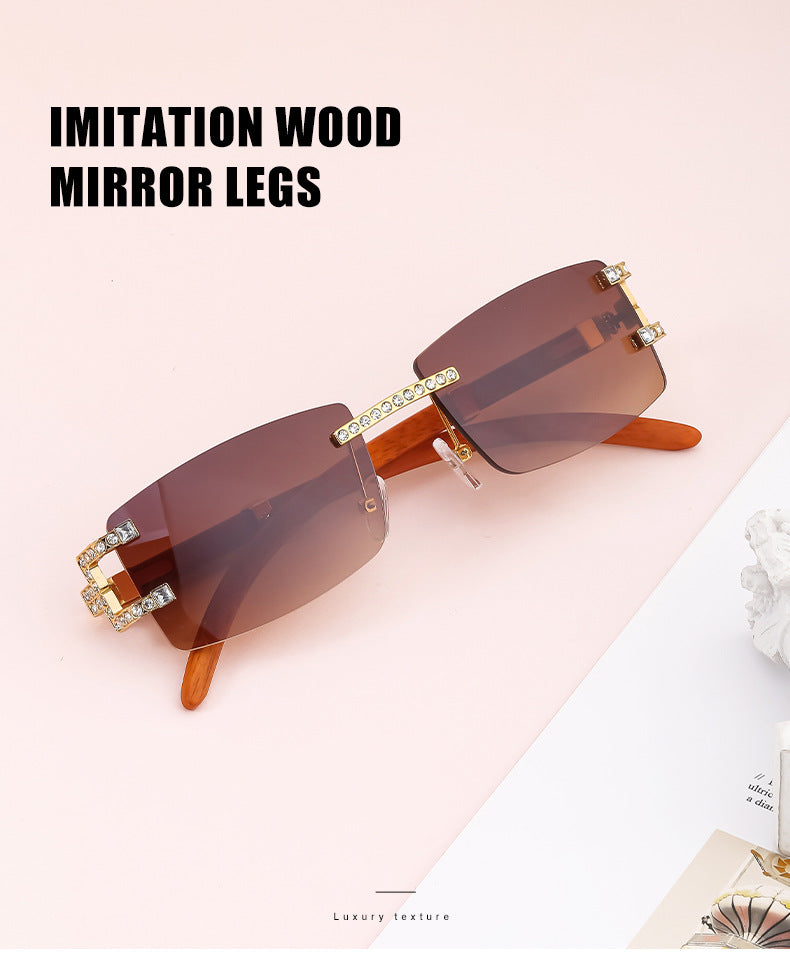 Imitation Wood Grain Leg Retro Sunglasses for Men Fashion Trend Diamond-Studded Rimless Sunglasses Men's Sun Protection Square Frame Glasses Street Style