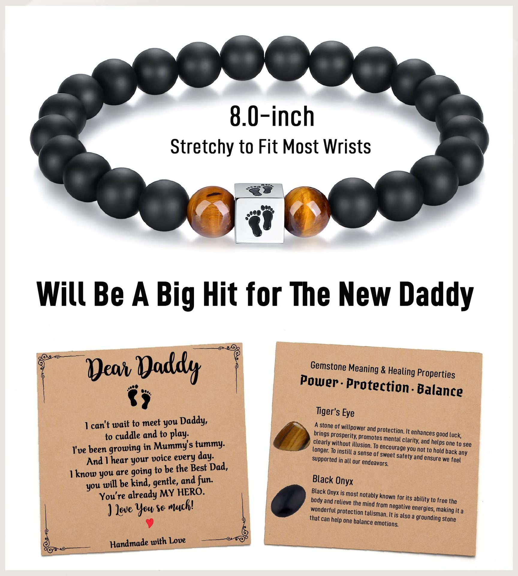 Men's Holiday Gift Bracelet Tiger Eye Stone Bracelet Stainless Steel Foot Sole Father's Day Gift Black Matte Bracelet