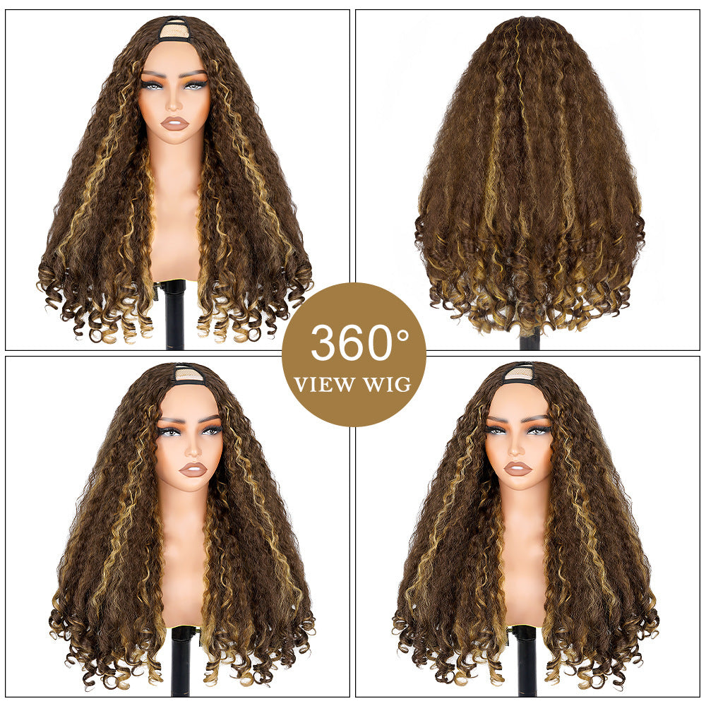 Africa YAKI Curl Synthetic Hair V part Wig Top of Head Hollow Out